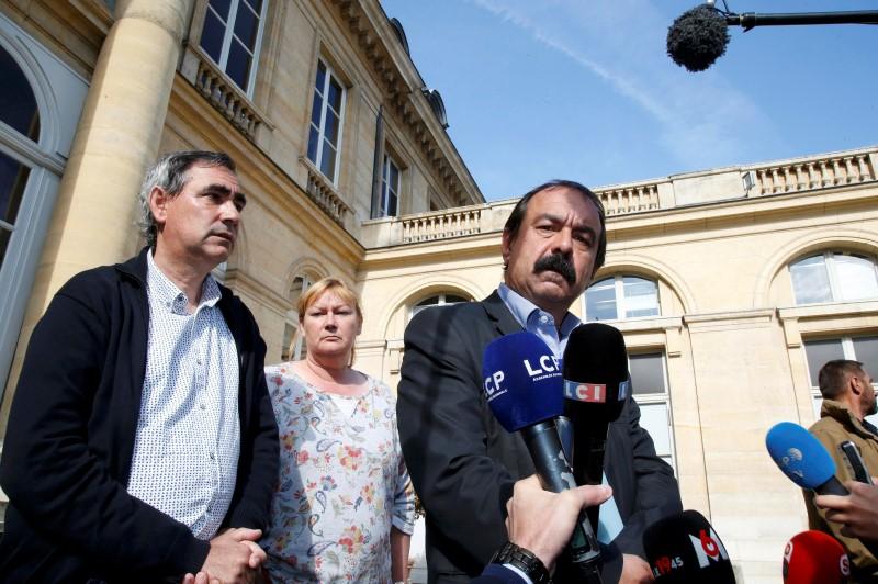 French CGT trade union head Philippe Martinez speaks with journalists after a meeting the Labour ministry in Paris